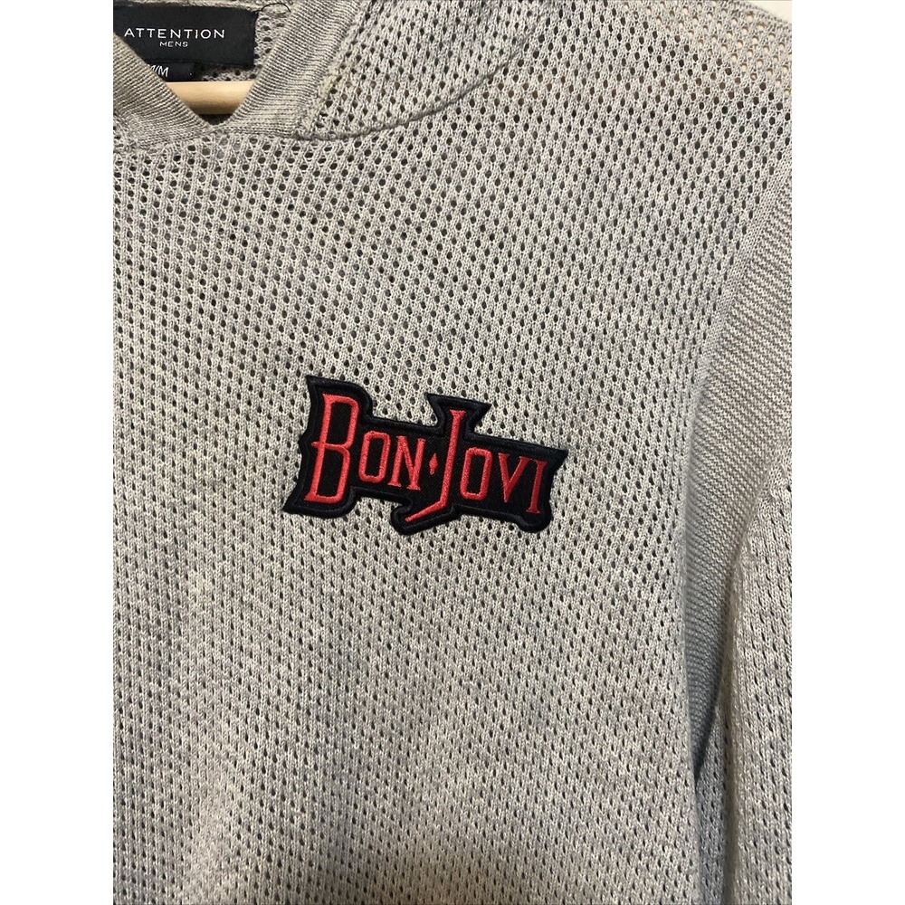 Bon Jovi Embroidered Gray Hoodie Sweatshirt Men's Med Lightweight NICE